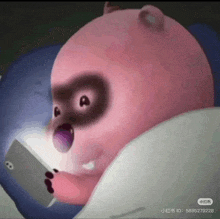 a pink teddy bear is laying in bed looking at a cell phone