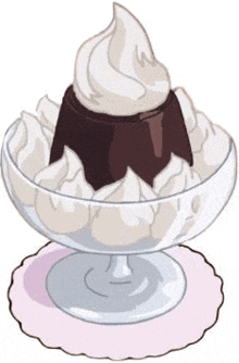 a cartoon illustration of a chocolate pudding with whipped cream on top in a glass bowl .