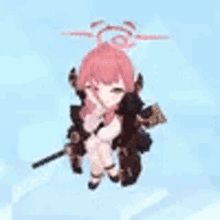 a little girl with pink hair is flying through the air with a sword .