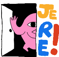 a cartoon drawing of a pink monster behind a sign that says je rire