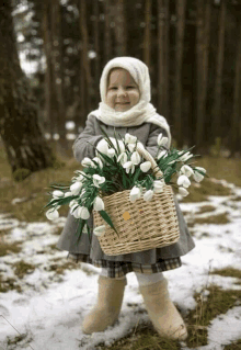 a little girl holding a basket of white flowers in the snow