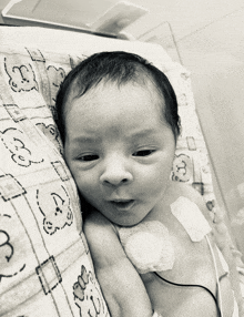 a black and white photo of a newborn baby laying on a blanket