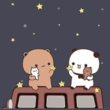 two cartoon bears are sitting on the roof of a bus holding stars .