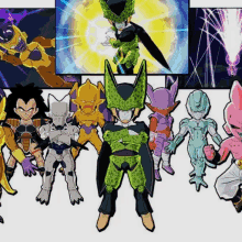 a group of cartoon characters standing next to each other with cell in the middle