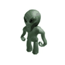 a green alien with black eyes is standing on a white surface .