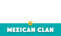 a blue sign that says mexican clan with a logo on it