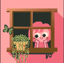 a pixel art illustration of a girl looking out a window