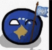 a blue ball with a flag on a stick .