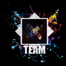 the word team is on a black background with a colorful x