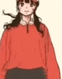 a drawing of a girl wearing a red sweater and a baseball cap .