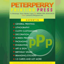 a poster for peterperry printing press which offers a variety of services