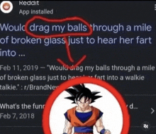 a screenshot of a reddit app installed with a picture of goku