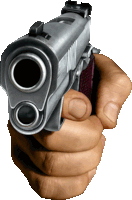 a close up of a hand holding a gun with a red grip