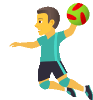 a man in a blue shirt and black shorts is jumping to catch a green ball