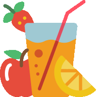 a glass of orange juice with a straw a strawberry and an apple