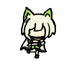 a cartoon of a girl with white hair and green cat ears on a black background .