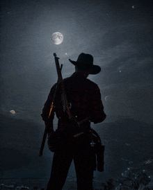 a man in a cowboy hat is holding a gun while looking at the moon