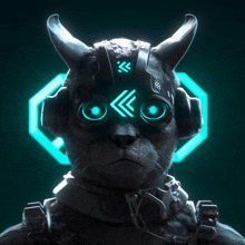 a cat with horns wearing headphones and a helmet with arrows pointing to the left