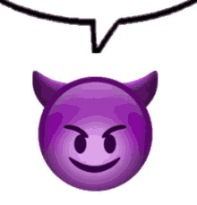 a purple devil emoji with horns and a speech bubble above it on a white background .