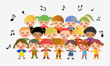 a group of children singing with their eyes closed and music notes above them