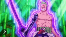 roronoa zoro is holding a purple sword in his hand in a cartoon .