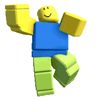 a roblox character is dancing with his arms outstretched and a smiling face on his face .