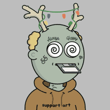 a cartoon drawing of a person with antlers and the words always happy on their face