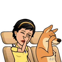 a cartoon of a woman covering her eyes next to a dog with the letters 8d on it