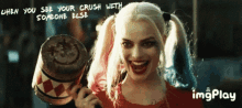 harley quinn from the movie suicide squad is holding a hammer