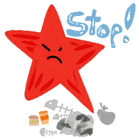 a red star with an angry face is surrounded by garbage and the word stop