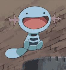 a cartoon axolotl is sitting on a brick wall with its mouth open