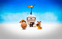 a group of cartoon characters from the movie up are standing next to each other on a snowy surface .