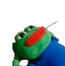 a green stuffed frog with a red heart in its mouth is holding a stick .