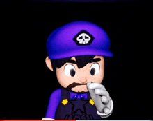 a cartoon character wearing a purple hat with a skull and crossbones on it