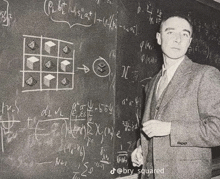 a man in a suit stands in front of a blackboard with math equations