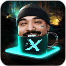 a man with a tattoo on his face is in a cup with the letter x