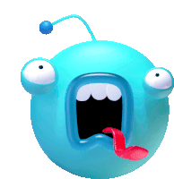 a blue cartoon character with a big mouth and a red tongue sticking out