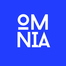 a blue background with om nia written in white letters