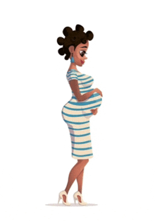 a cartoon illustration of a pregnant woman in a striped dress and heels holding her belly .