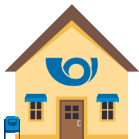 an illustration of a post office with a blue letter o