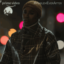 a woman wearing a plaid coat and a beanie is featured in a prime video ad for harlem ever after