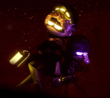 a robot is holding another robot in a dark room with purple lights coming out of its eyes