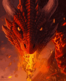 a painting of a dragon with flames coming out of it 's mouth