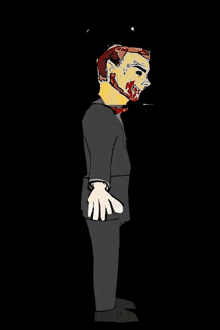 a cartoon drawing of a man in a suit with blood on his face .