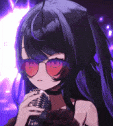 a girl with purple hair and sunglasses is singing into a microphone