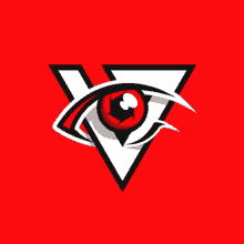 a red eye in a triangle with the letter v on it