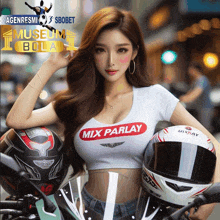 a woman wearing a mix parlay shirt is sitting on a bike