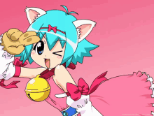 a girl with blue hair and white ears is wearing a pink dress and holding a bell