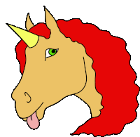 a drawing of a unicorn with red hair and a yellow horn sticking out its tongue