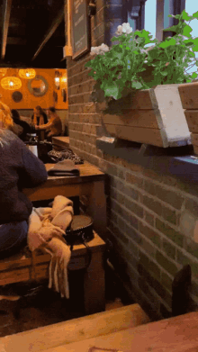 a woman sits at a table in front of a brick wall with a sign on it that says ' welcome '